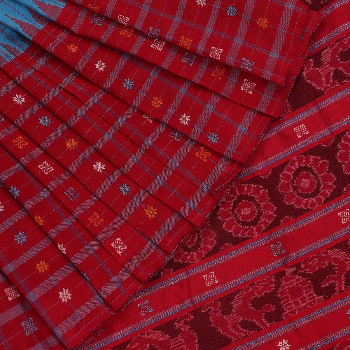 Handloom Blue Sambalpuri Cotton Saree with Red ikkat border