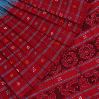 Handloom Blue Sambalpuri Cotton Saree with Red ikkat border