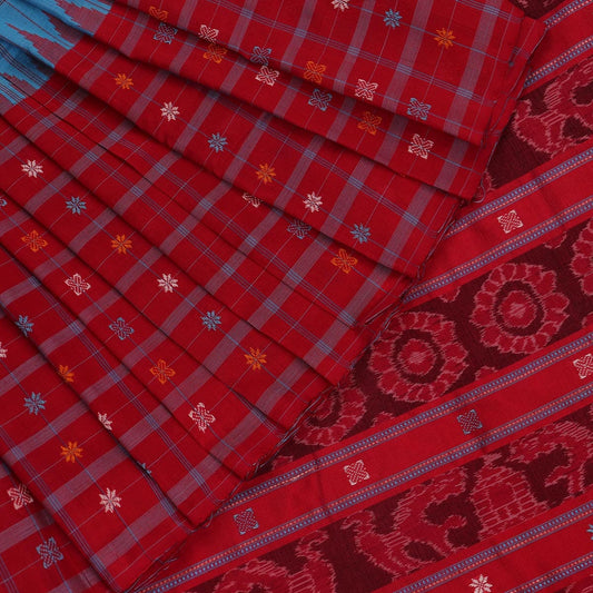Handloom Blue Sambalpuri Cotton Saree with Red ikkat border