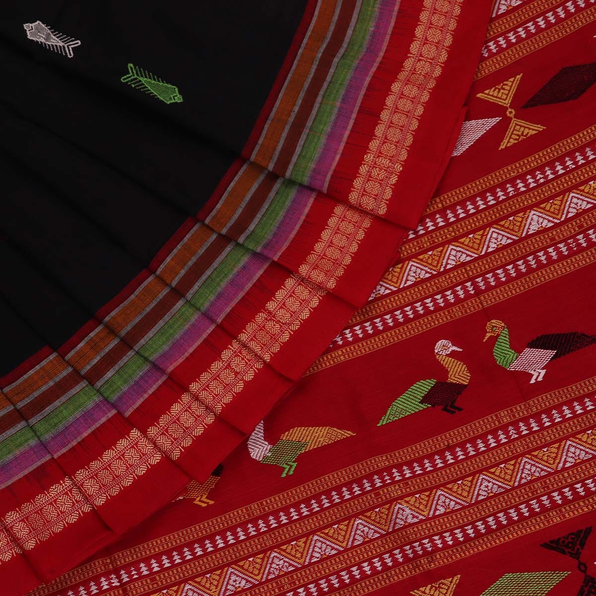 Handloom Black Sambalpuri Cotton Saree with Red ikkat border