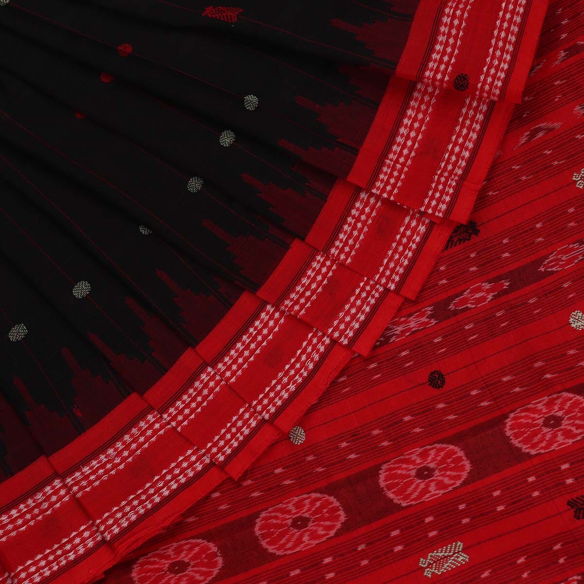 Handloom Black Sambalpuri Cotton Saree with Red ikkat border