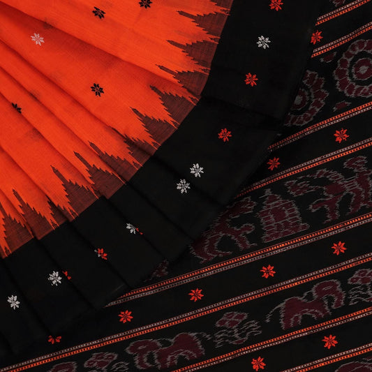 Handloom Orange Sambalpuri Cotton Saree with Black ikkat border