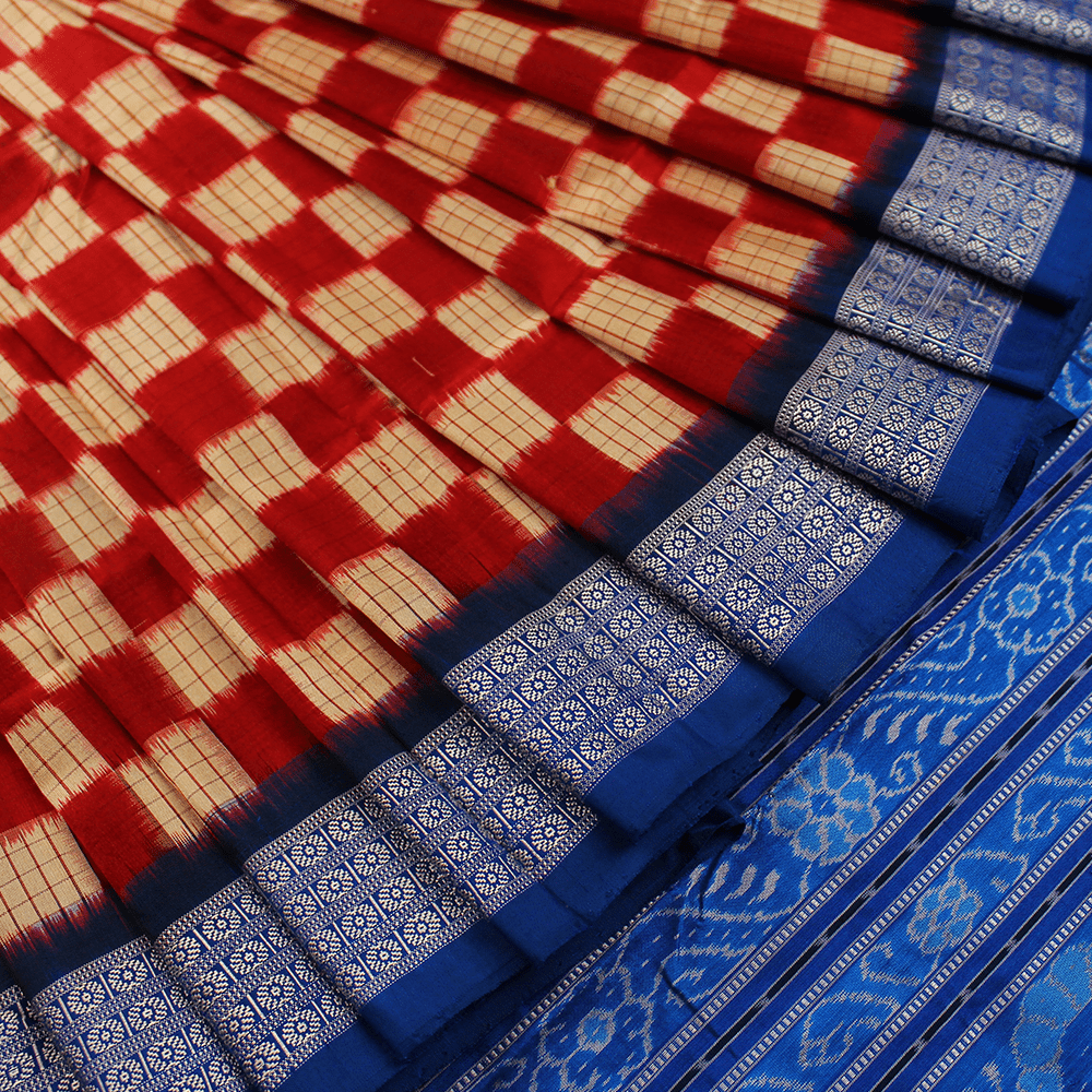 Handloom Maroon Sambalpuri Silk Saree with Blue ikkat border