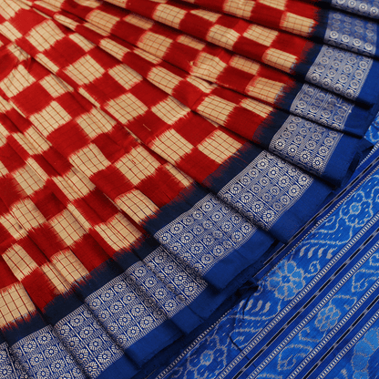 Handloom Maroon Sambalpuri Silk Saree with Blue ikkat border