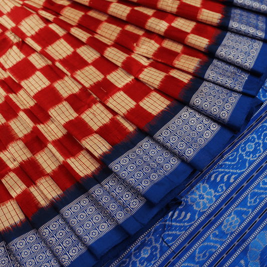 Handloom Maroon Sambalpuri Silk Saree with Blue ikkat border