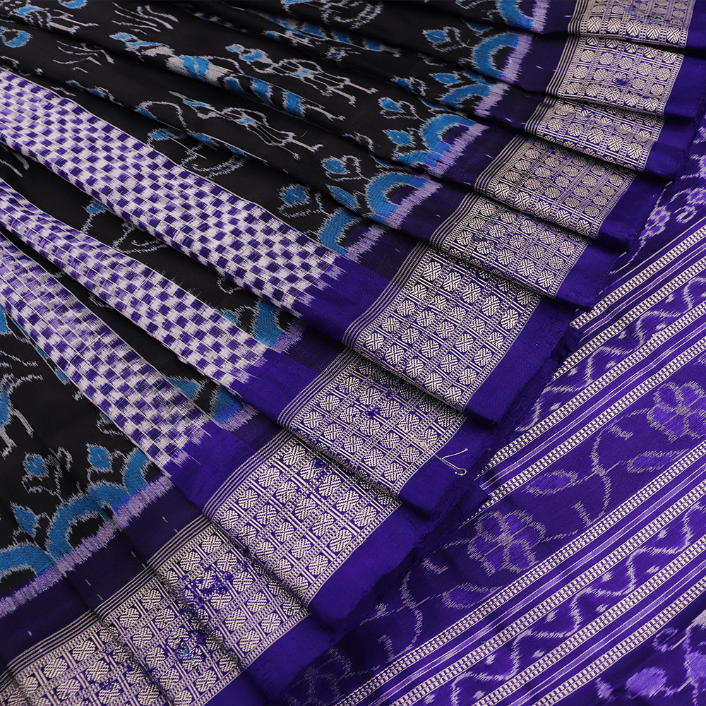 Handloom Black Sambalpuri Silk Saree with Blue ikkat border