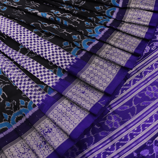 Handloom Black Sambalpuri Silk Saree with Blue ikkat border