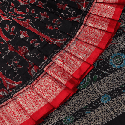 Handloom Red Sambalpuri Silk Saree with Red ikkat border