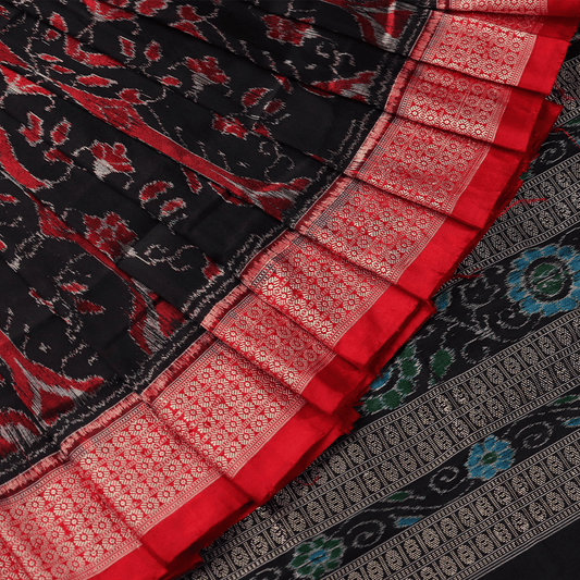 Handloom Red Sambalpuri Silk Saree with Red ikkat border