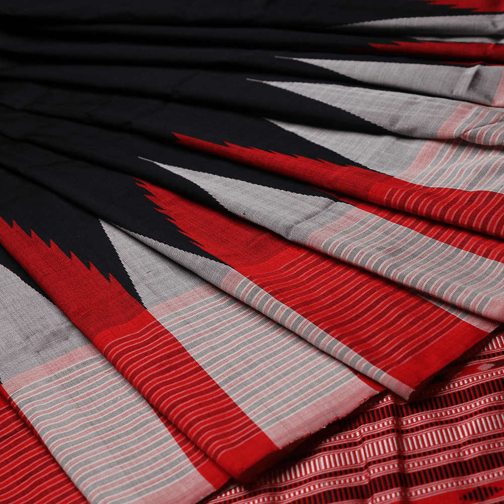 Handloom Black Sambalpuri Silk Saree with Red ikkat border