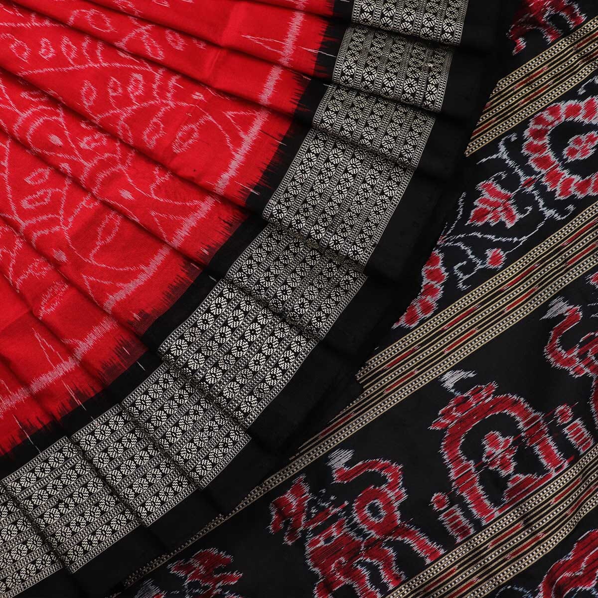 Handloom Red Sambalpuri Silk Saree with Black ikkat border