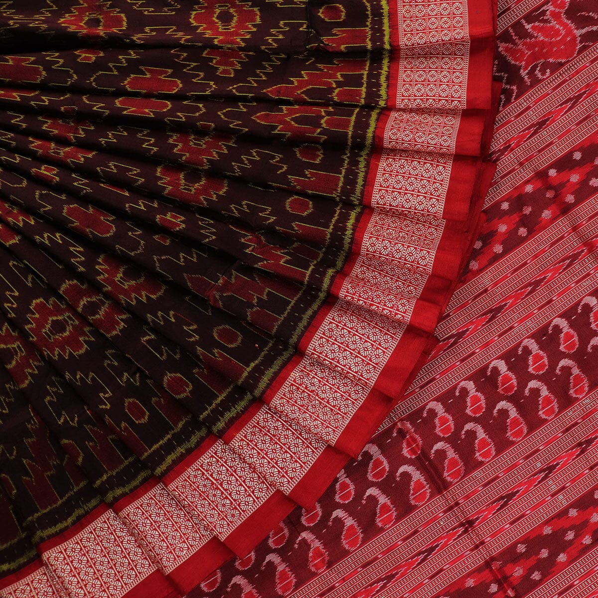 Handloom Maroon Sambalpuri Silk Saree with Maroon ikkat border