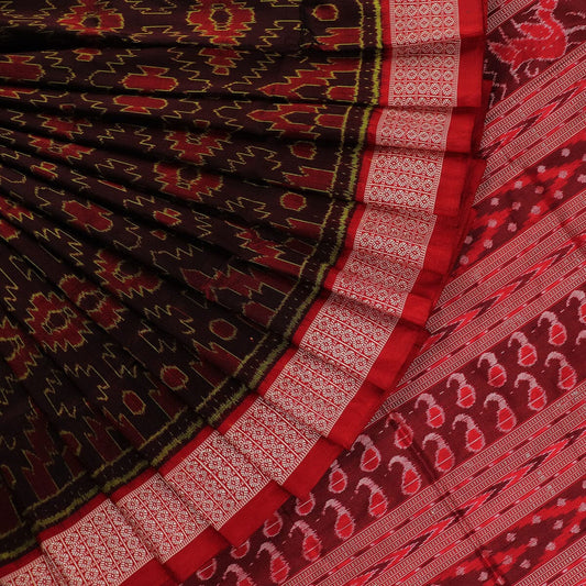 Handloom Maroon Sambalpuri Silk Saree with Maroon ikkat border