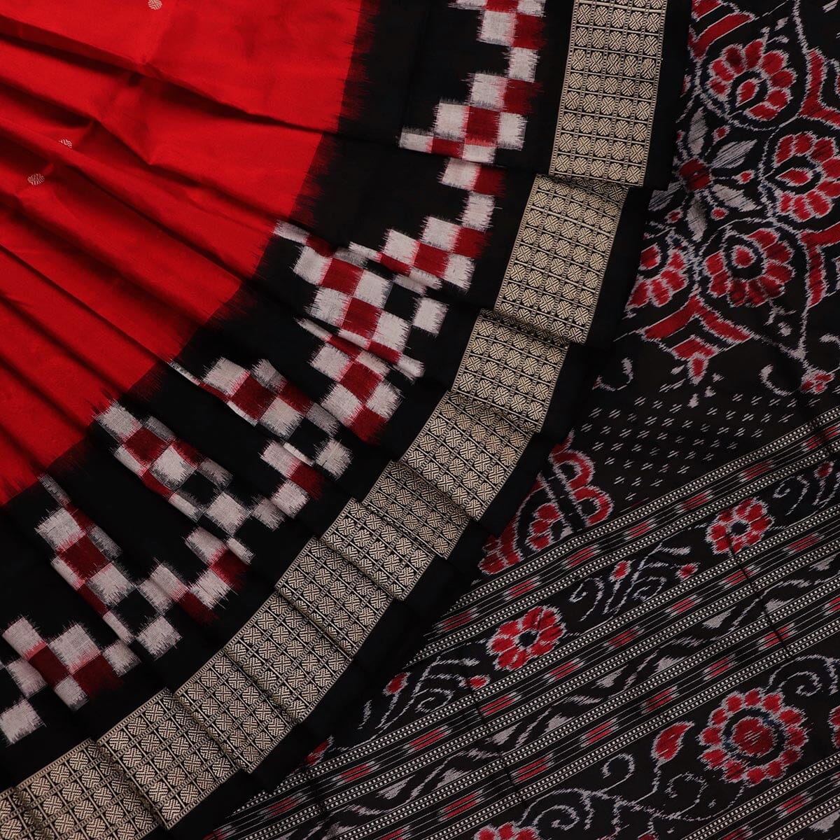 Handloom Red Sambalpuri Silk Saree with Black ikkat border
