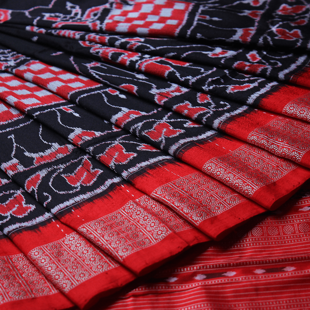 Handloom Black Sambalpuri Silk Saree with Red ikkat border