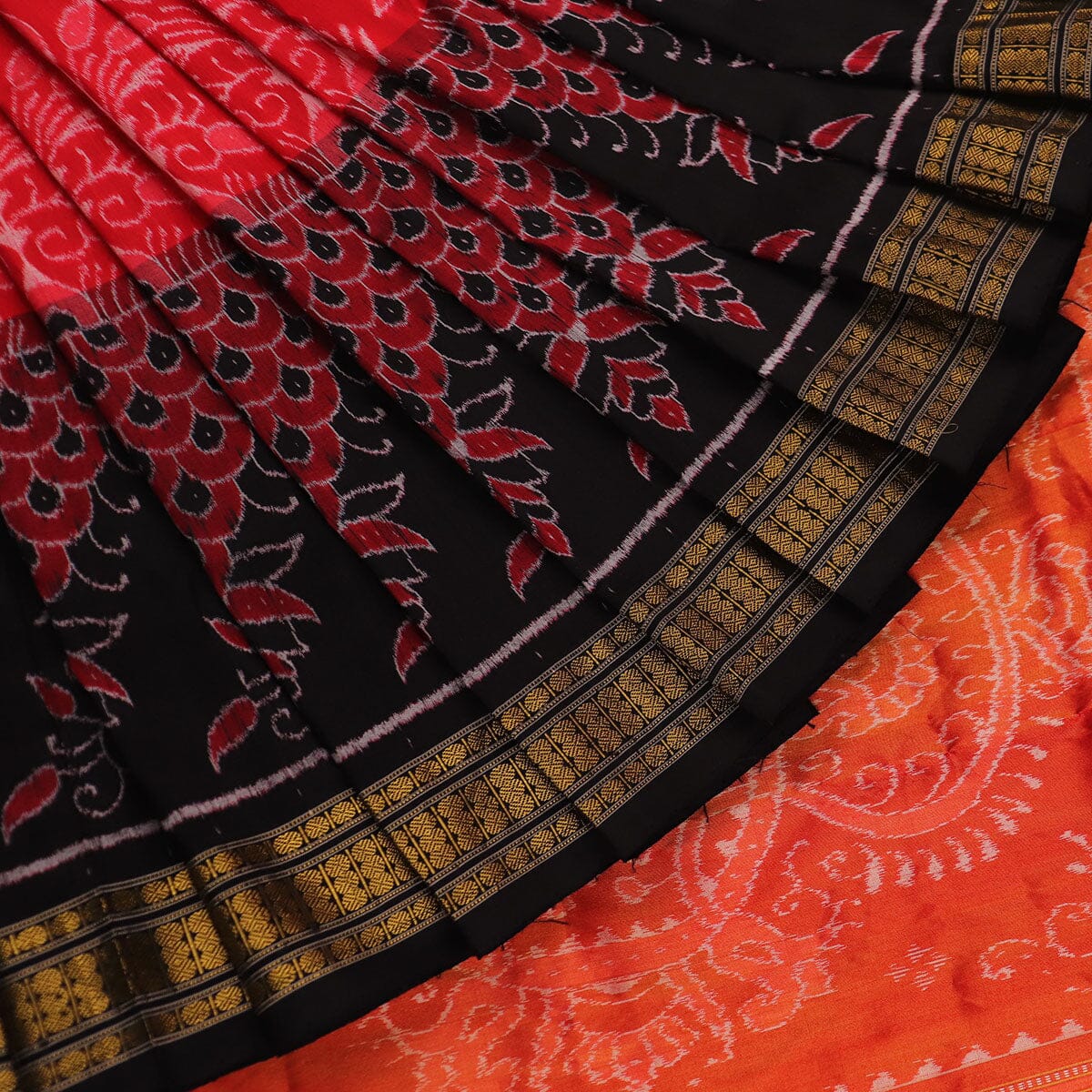 Handloom Red Sambalpuri Silk Saree with Black ikkat border
