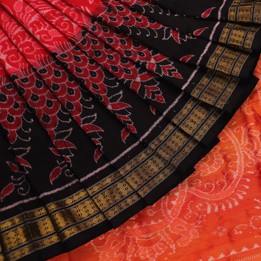 Handloom Red Sambalpuri Silk Saree with Black ikkat border