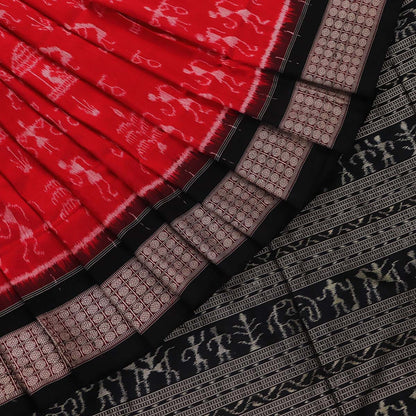 Handloom Red Sambalpuri Silk Saree with Black ikkat border