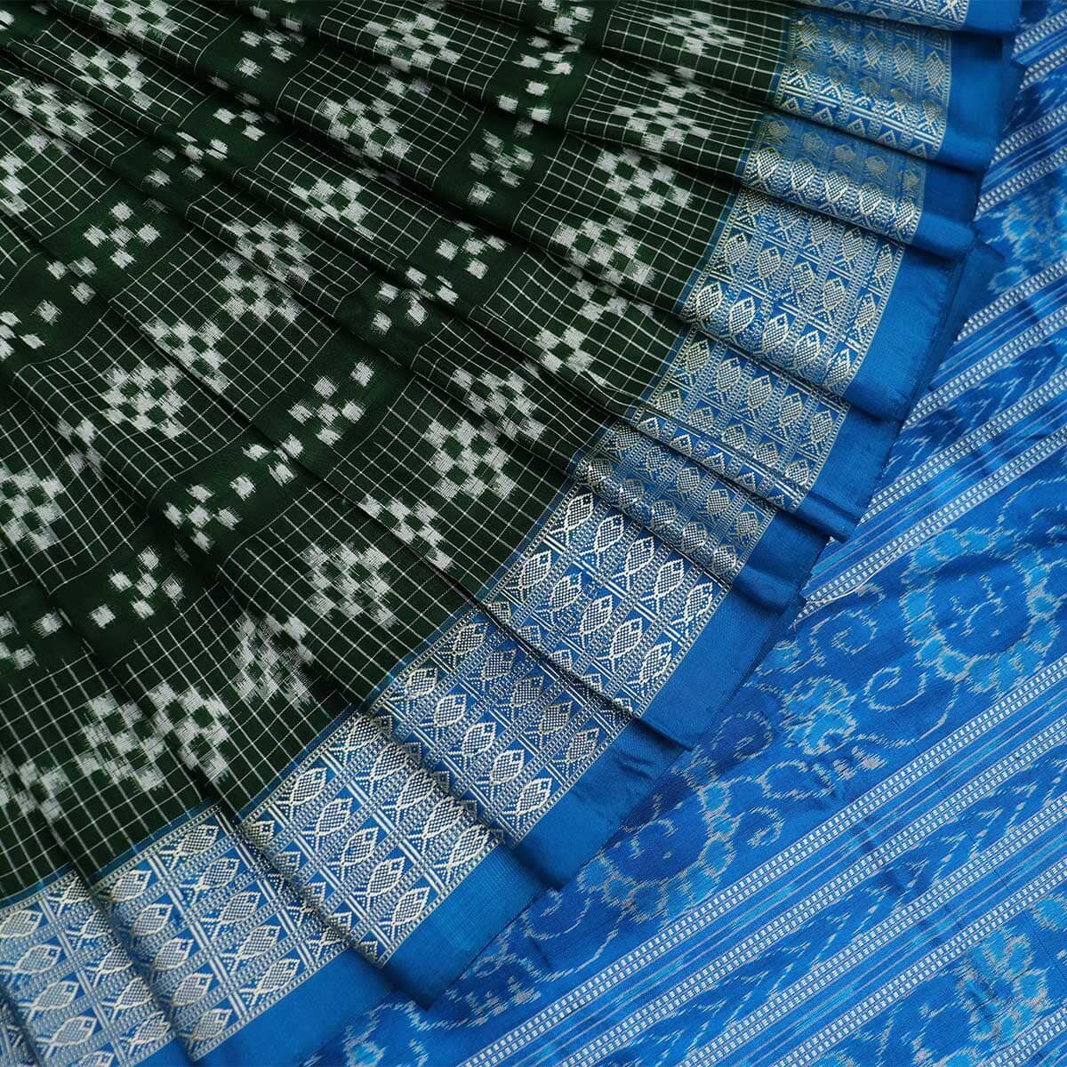 Handloom Green Sambalpuri Silk Saree with Blue ikkat border