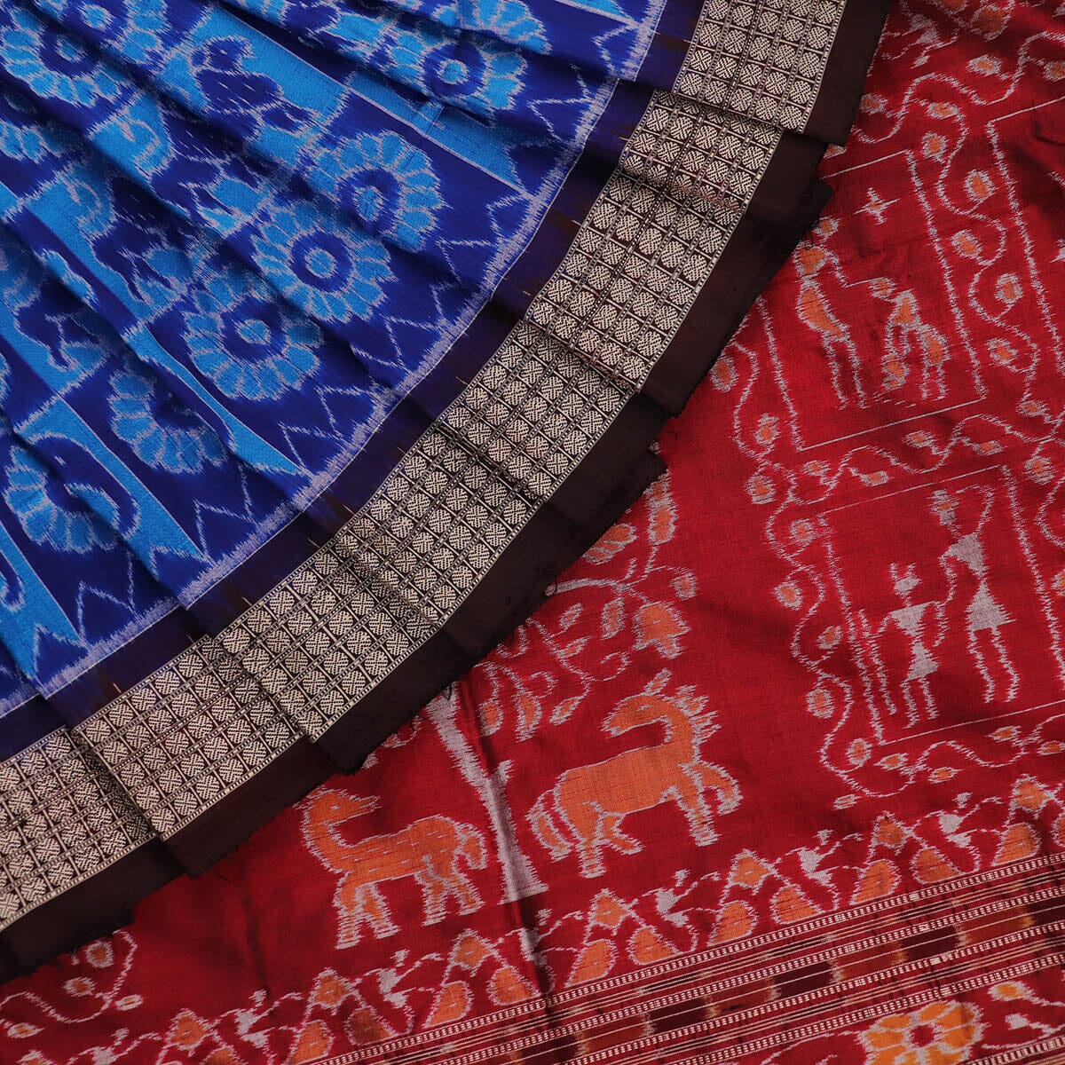 Handloom Blue Sambalpuri Silk Saree with Maroon ikkat border