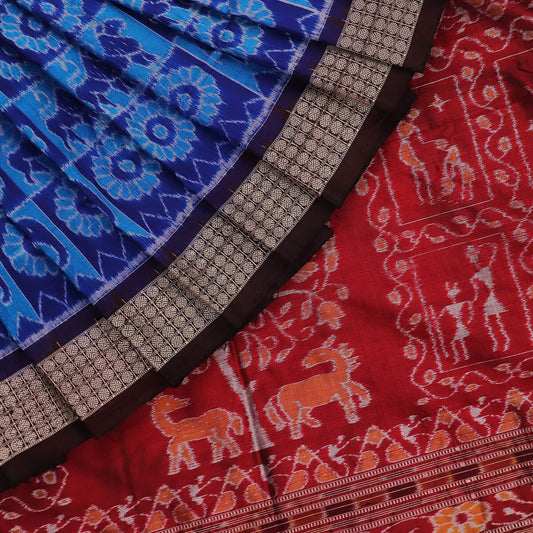 Handloom Blue Sambalpuri Silk Saree with Maroon ikkat border