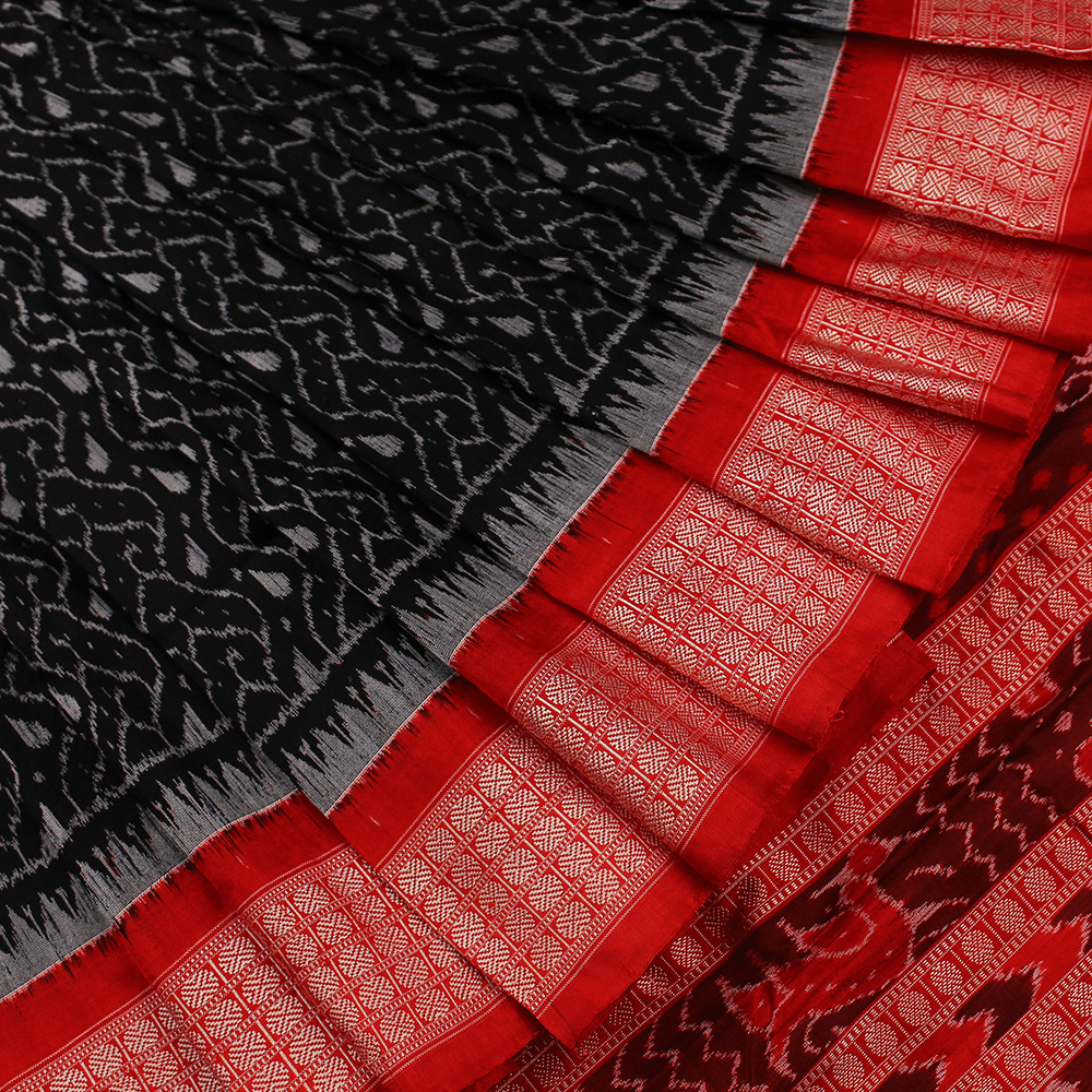 Handloom Red Sambalpuri Silk Saree with Red ikkat border