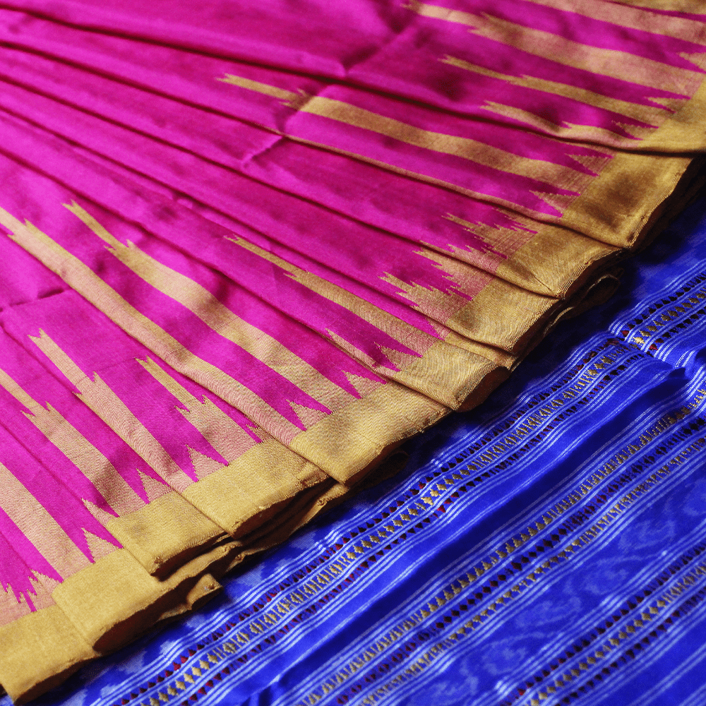 Handloom Pink Sambalpuri Silk Saree with Blue ikkat border