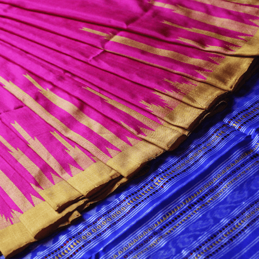 Handloom Pink Sambalpuri Silk Saree with Blue ikkat border