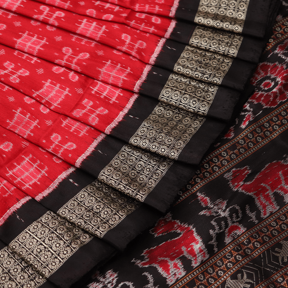 Handloom Red Sambalpuri Silk Saree with Black ikkat border