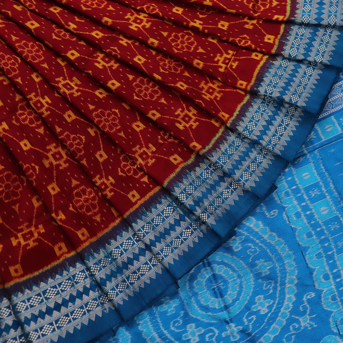 Handloom Maroon Sambalpuri Saree with Blue ikkat border