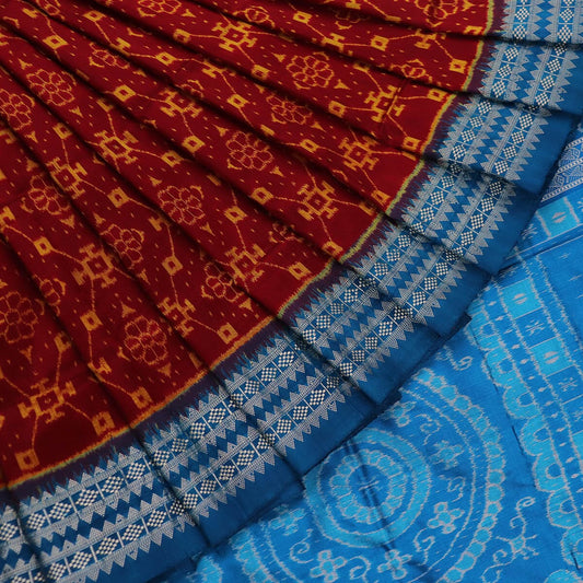 Handloom Maroon Sambalpuri Saree with Blue ikkat border