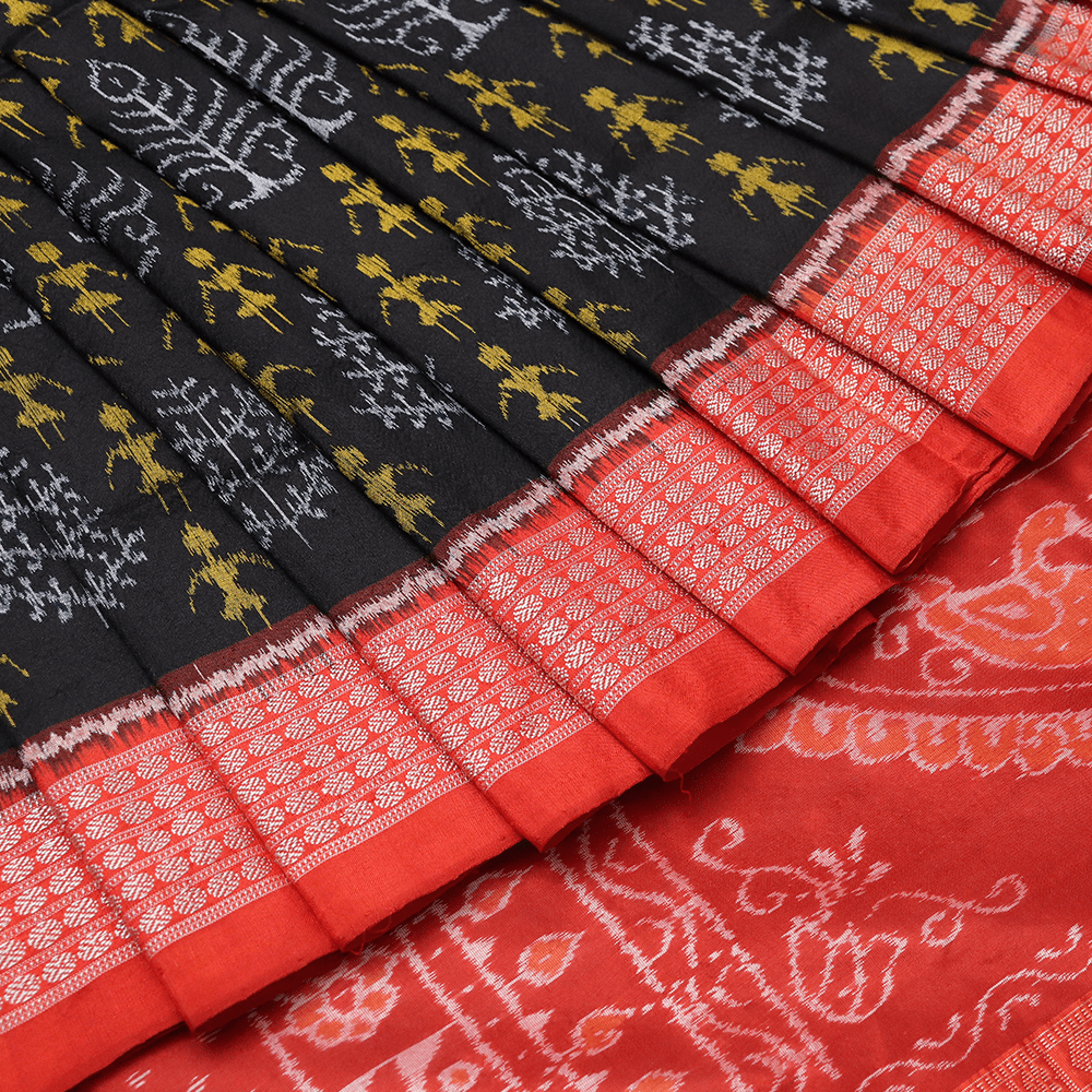 Handloom Black Sambalpuri Silk Saree with Rust ikkat border