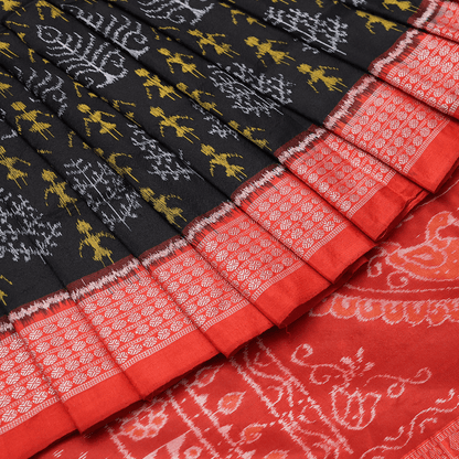 Handloom Black Sambalpuri Silk Saree with Rust ikkat border