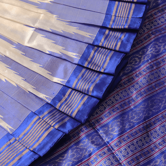 Handloom White Sambalpuri Silk Saree with Blue ikkat border