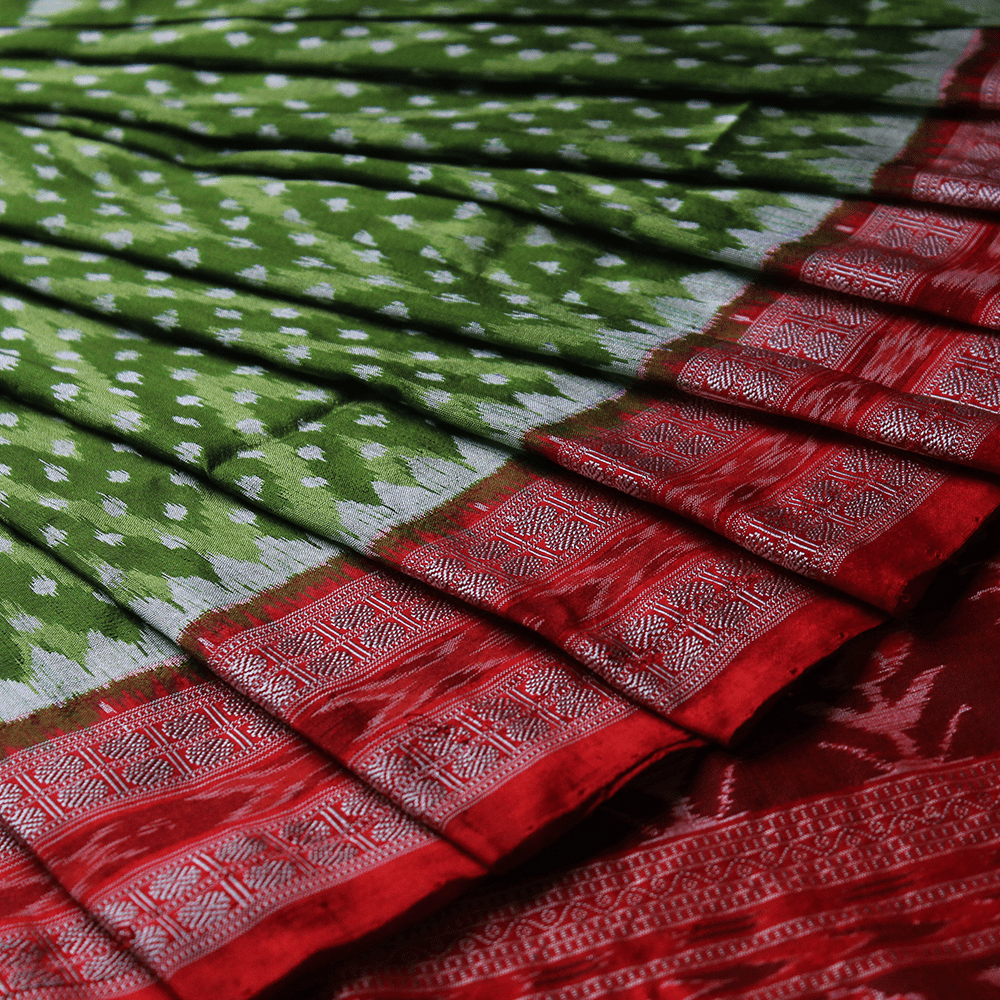 Handloom Green Sambalpuri Silk Saree with Red ikkat border