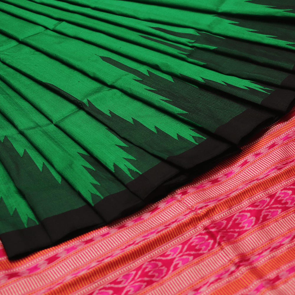 Handloom Green Sambalpuri Silk Saree with Red ikkat border