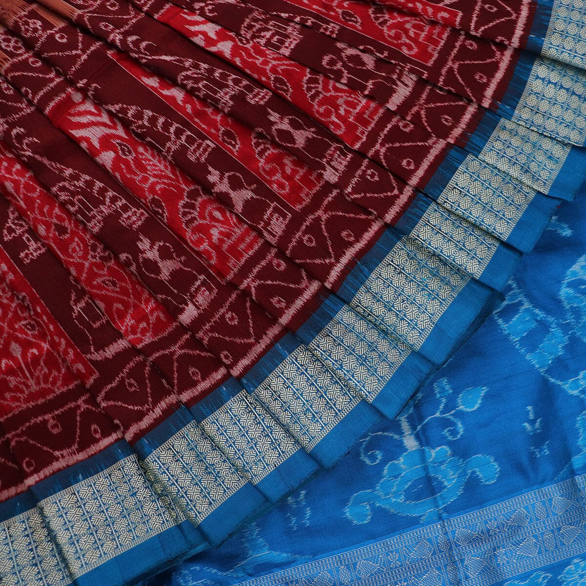 Handloom Maroon Sambalpuri Silk Saree with Blue ikkat border