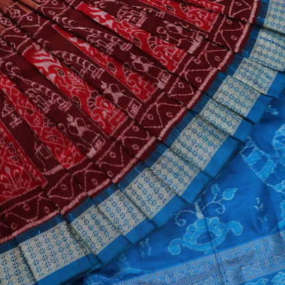 Handloom Maroon Sambalpuri Silk Saree with Blue ikkat border