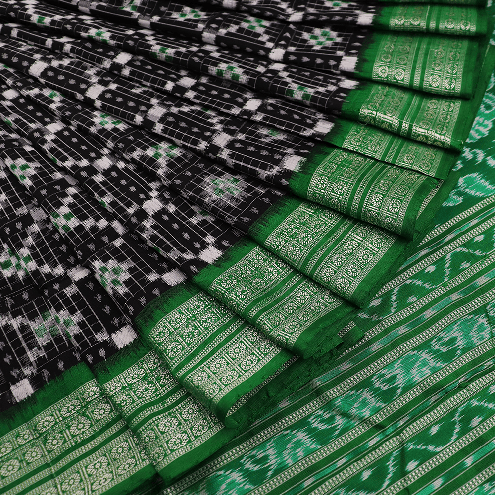 Handloom Black Sambalpuri Silk Saree with Green ikkat border