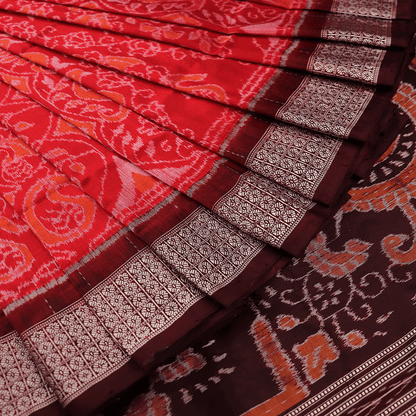 Handloom Red Sambalpuri Silk Saree with Maroon ikkat border