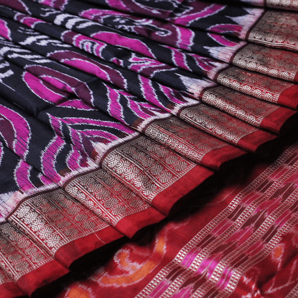 Handloom Black Sambalpuri Silk Saree with Maroon ikkat border