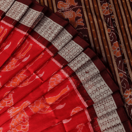 Handloom Red Sambalpuri Silk Saree with Maroon ikkat border