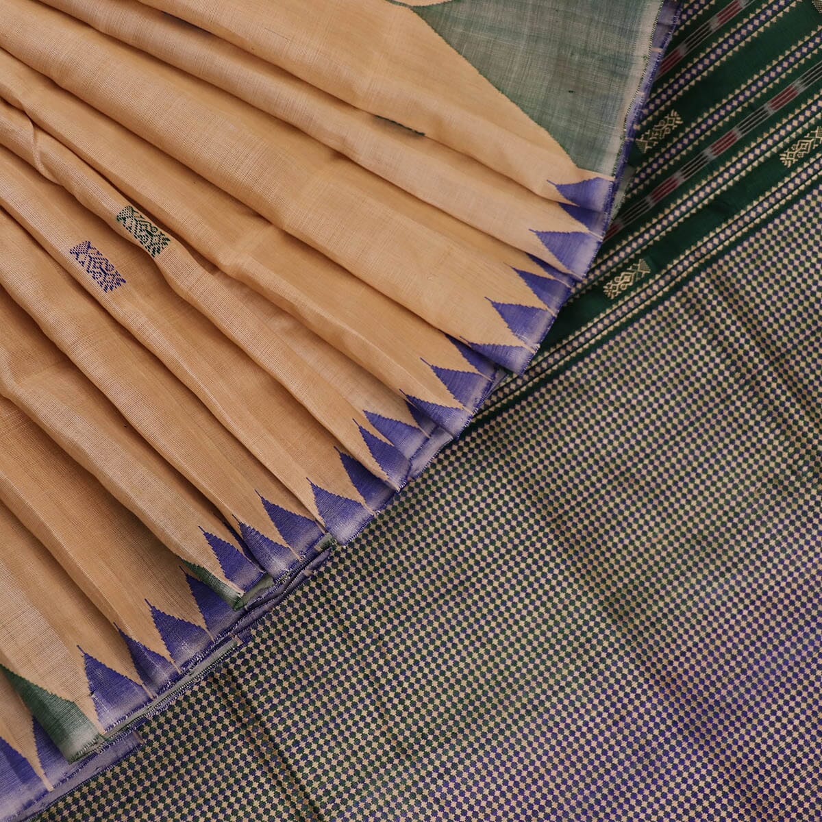 Handloom Cream Tussar Silk Saree with Blue ikkat border