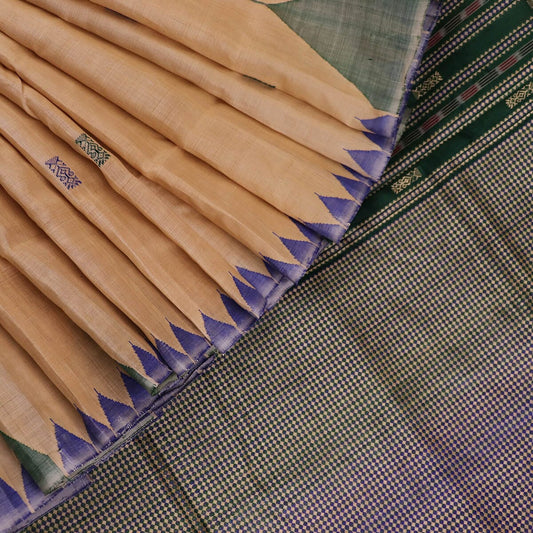 Handloom Cream Tussar Silk Saree with Blue ikkat border