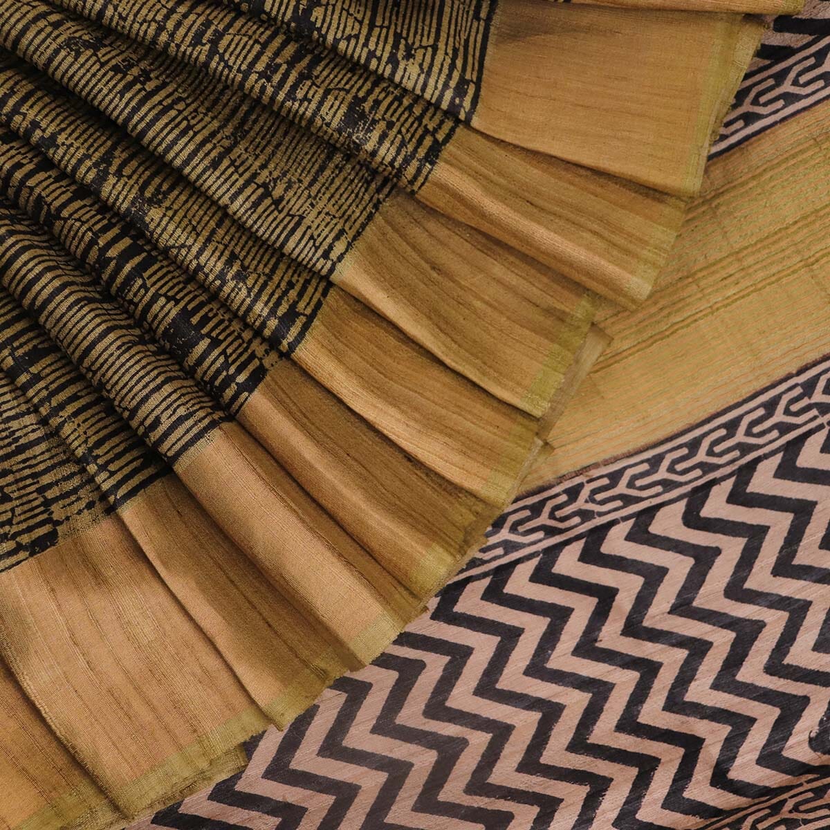 Handloom Black Tussar Silk Saree with Off-White border