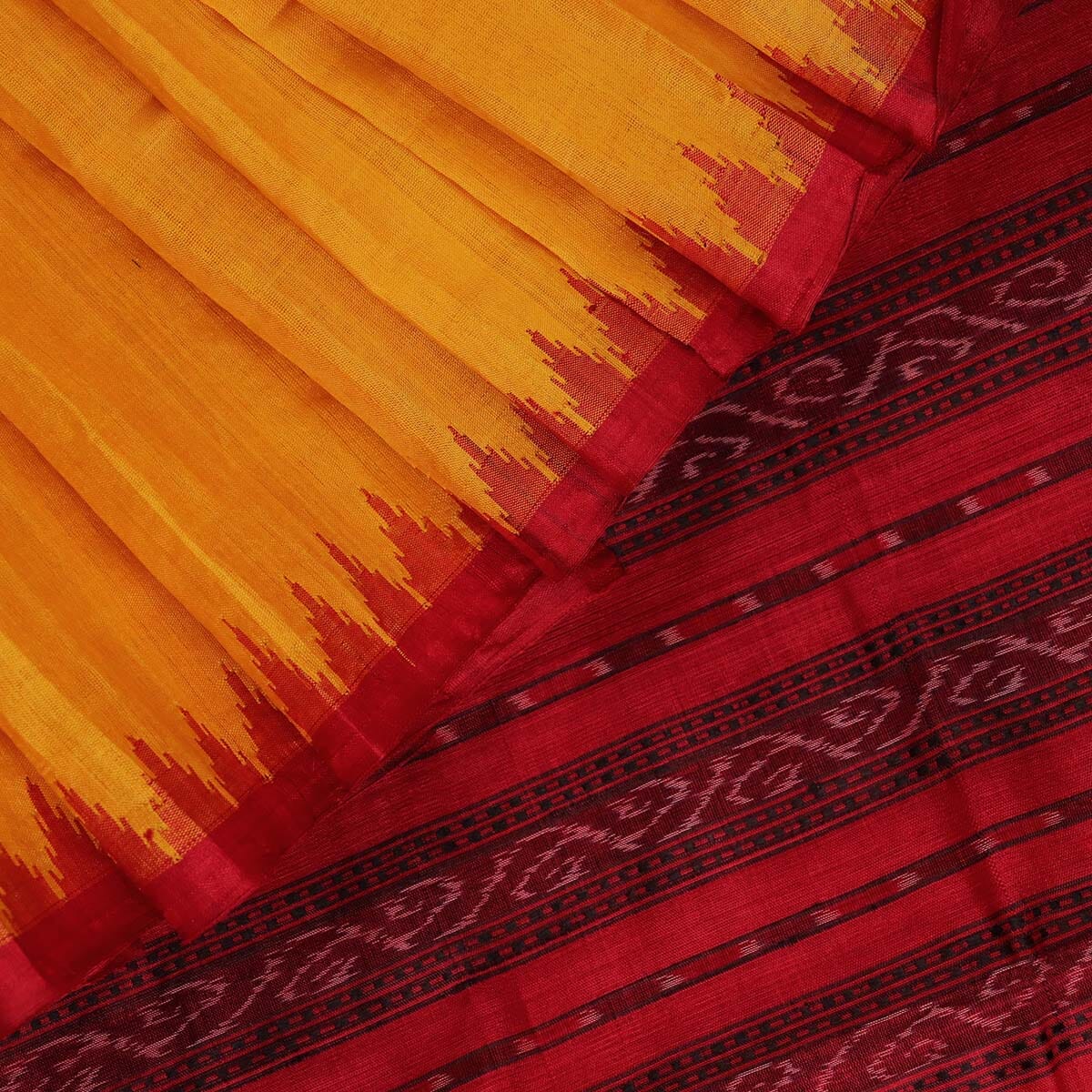 Handloom Yellow Tussar Silk Saree with Red ikkat border