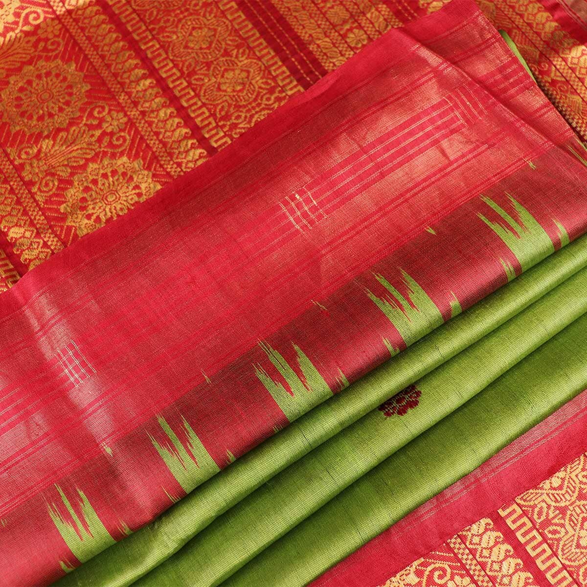 Bright Orange Uppada Saree with unique buttas on its body, contrast bavanji  big border & pallu of stripes