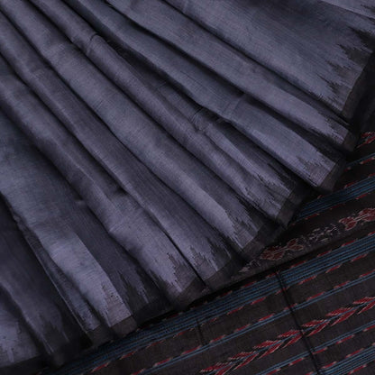 Handloom Grey Tussar Silk Saree with Black ikkat border