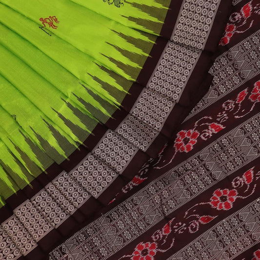 Handloom Green Bomkai Silk Saree with Black border