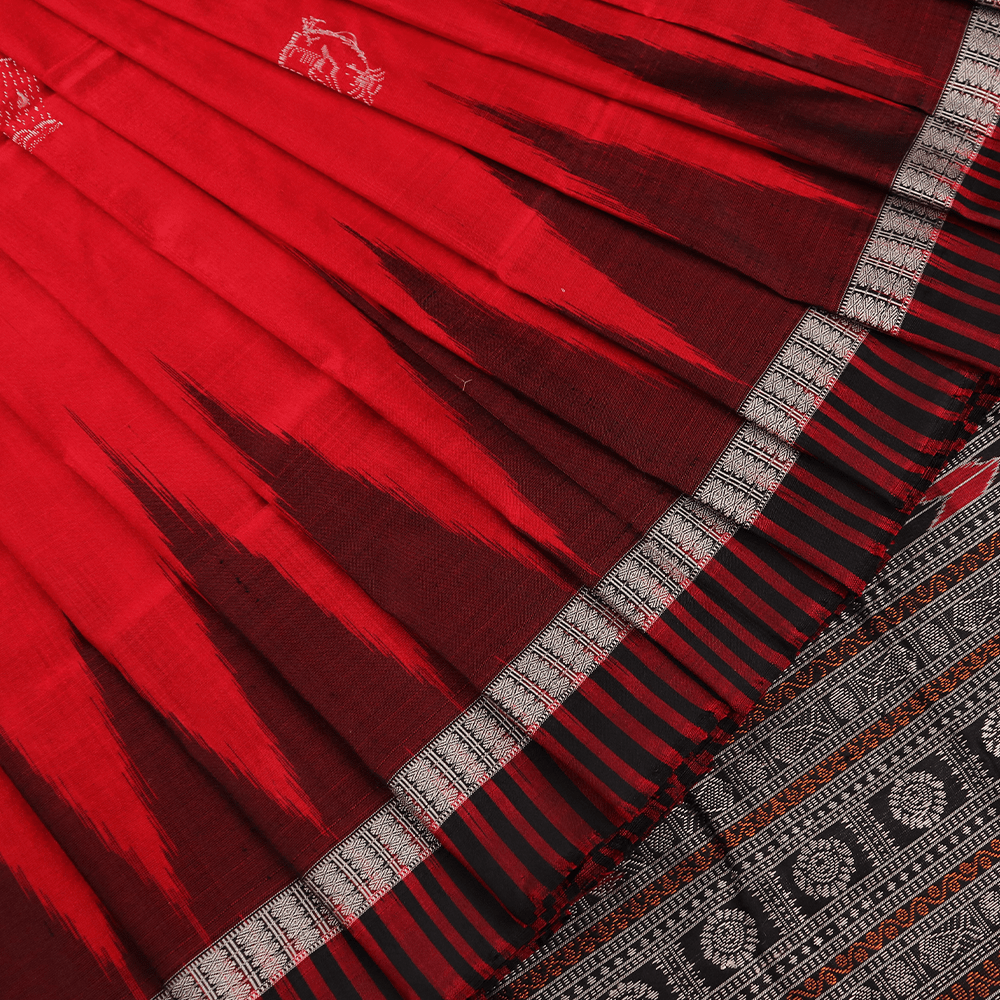 Handloom Red Bomkai Silk Saree with Maroon ikkat border
